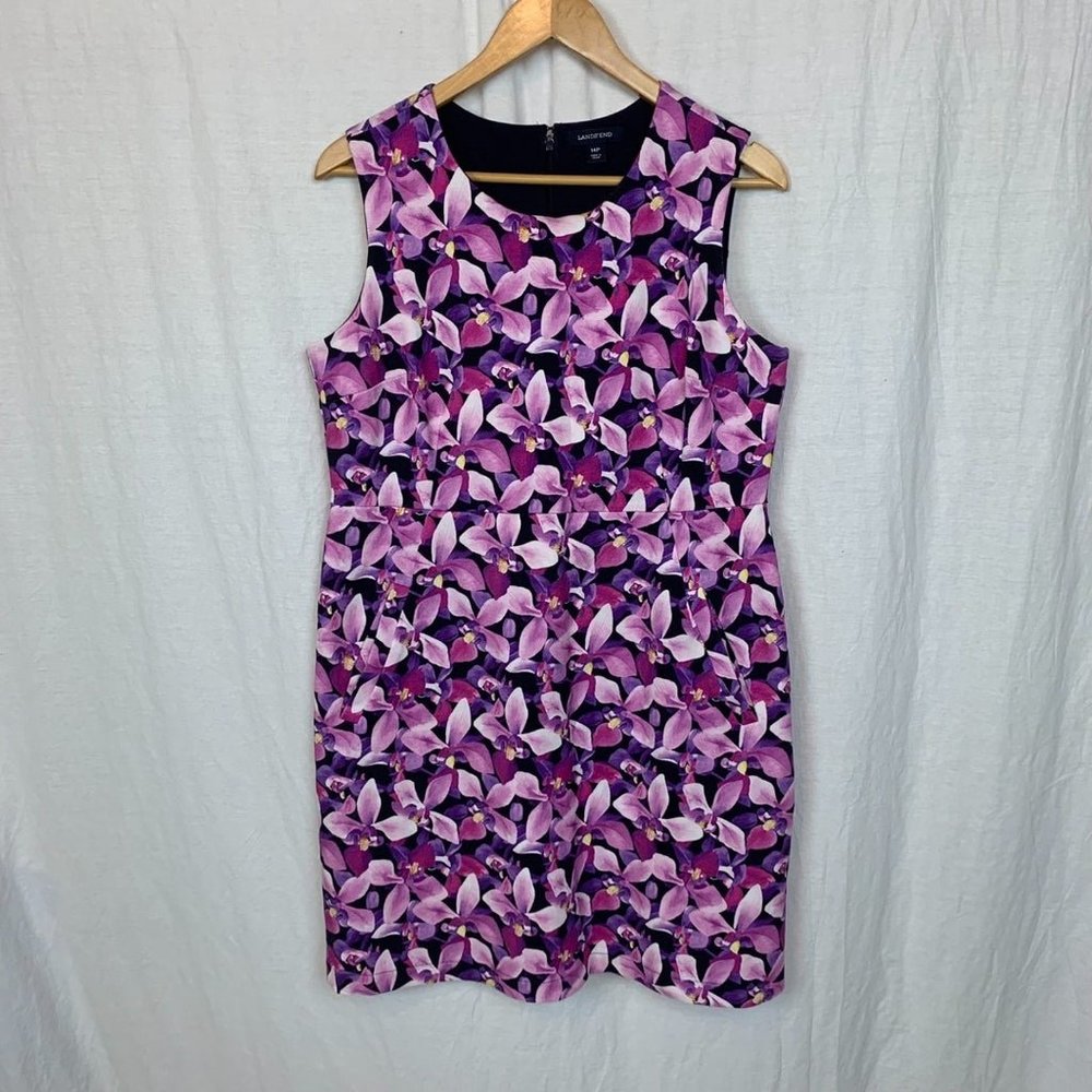 Lands' End Women's Purple Floral Sleeveless Shift Dress